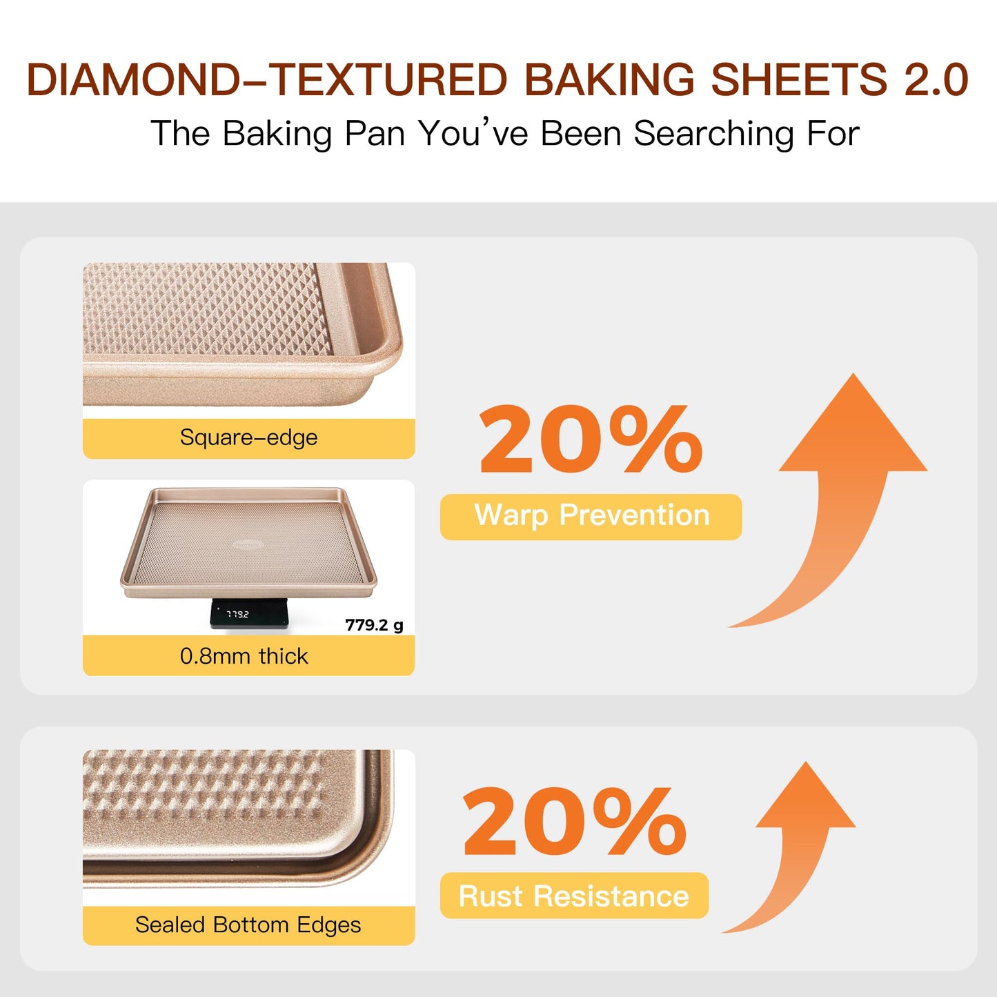 HONGBAKE Baking Sheet Pan Set of 3, Cookie Sheets for Oven, Nonstick Half/Quarter/Jelly Roll Pans with Diamond Texture Pattern, 0.8mm Thick Heavy Duty Cookie Tray, Champagne Gold