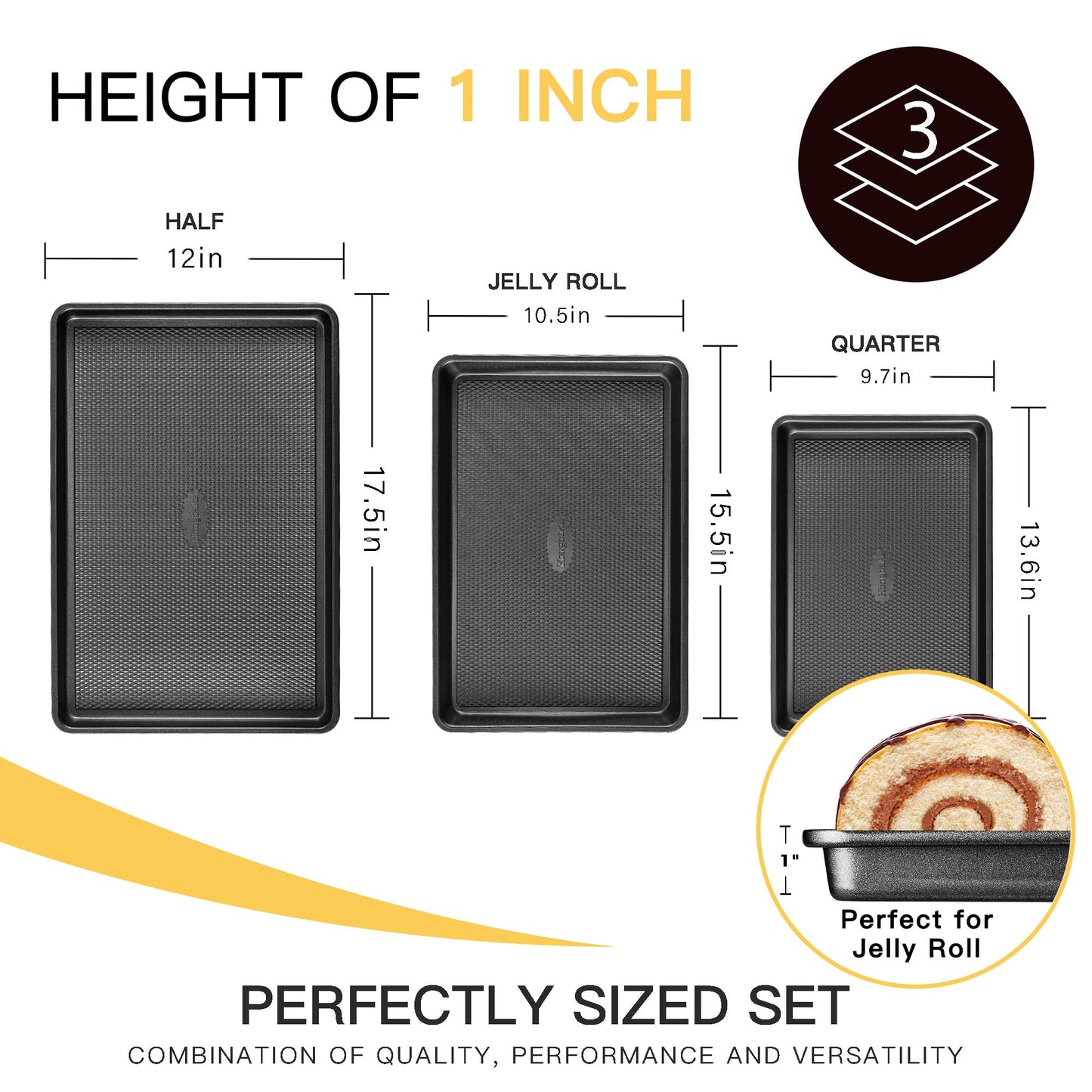 HONGBAKE Baking Sheet Pan Set of 3, Cookie Sheets for Oven, Nonstick Half/Quarter/Jelly Roll Pans with Diamond Texture Pattern, 0.8mm Thick Heavy Duty Cookie Tray, Champagne Gold