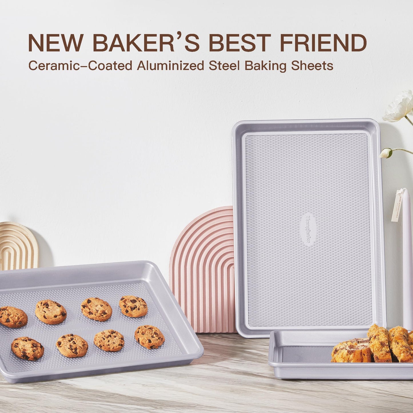 HONGBAKE Baking Sheet Pan Set of 3, Cookie Sheets for Oven, Nonstick Half/Quarter/Jelly Roll Pans with Diamond Texture Pattern, 0.8mm Thick Heavy Duty Cookie Tray, Champagne Gold