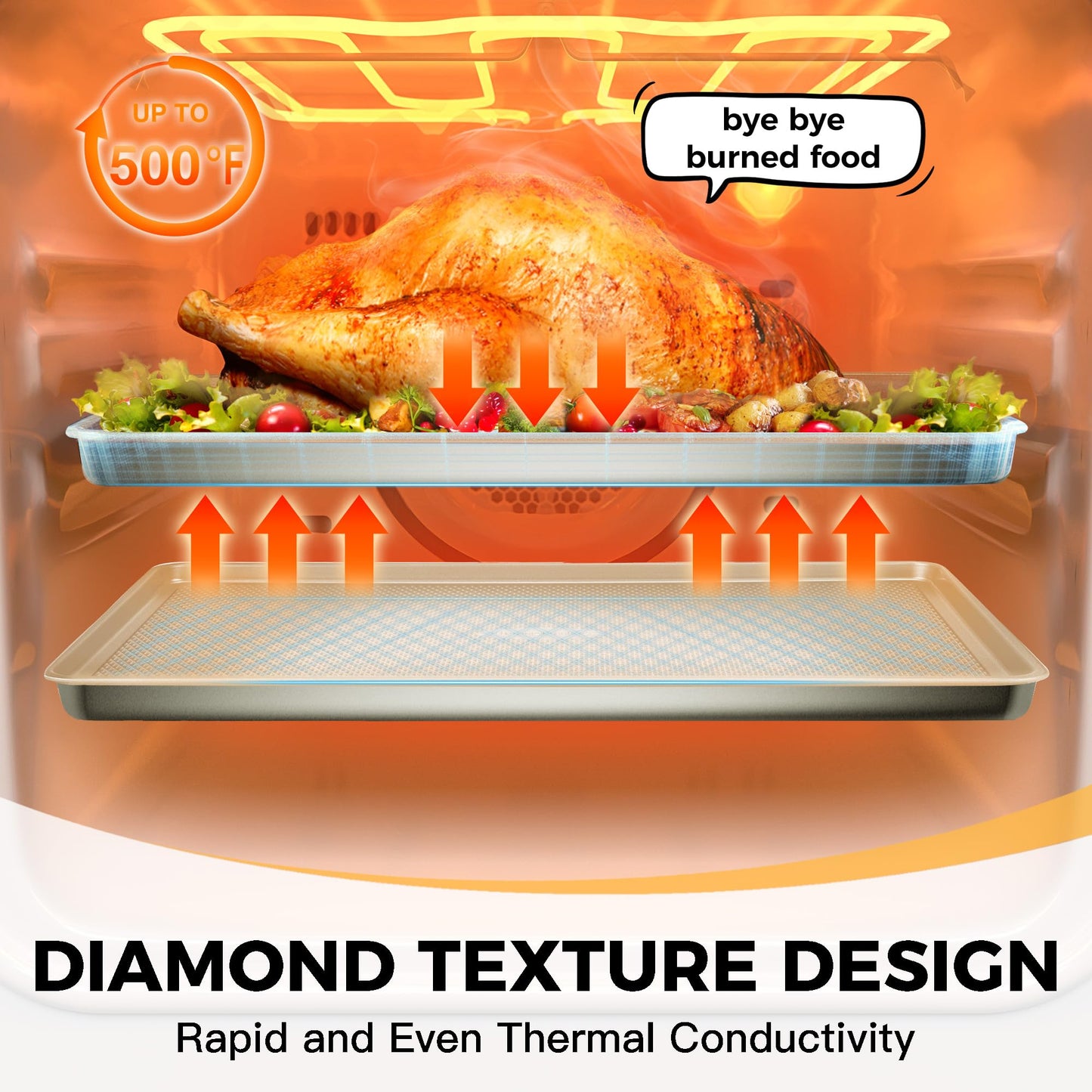 HONGBAKE Baking Sheet Pan Set of 3, Cookie Sheets for Oven, Nonstick Half/Quarter/Jelly Roll Pans with Diamond Texture Pattern, 0.8mm Thick Heavy Duty Cookie Tray, Champagne Gold