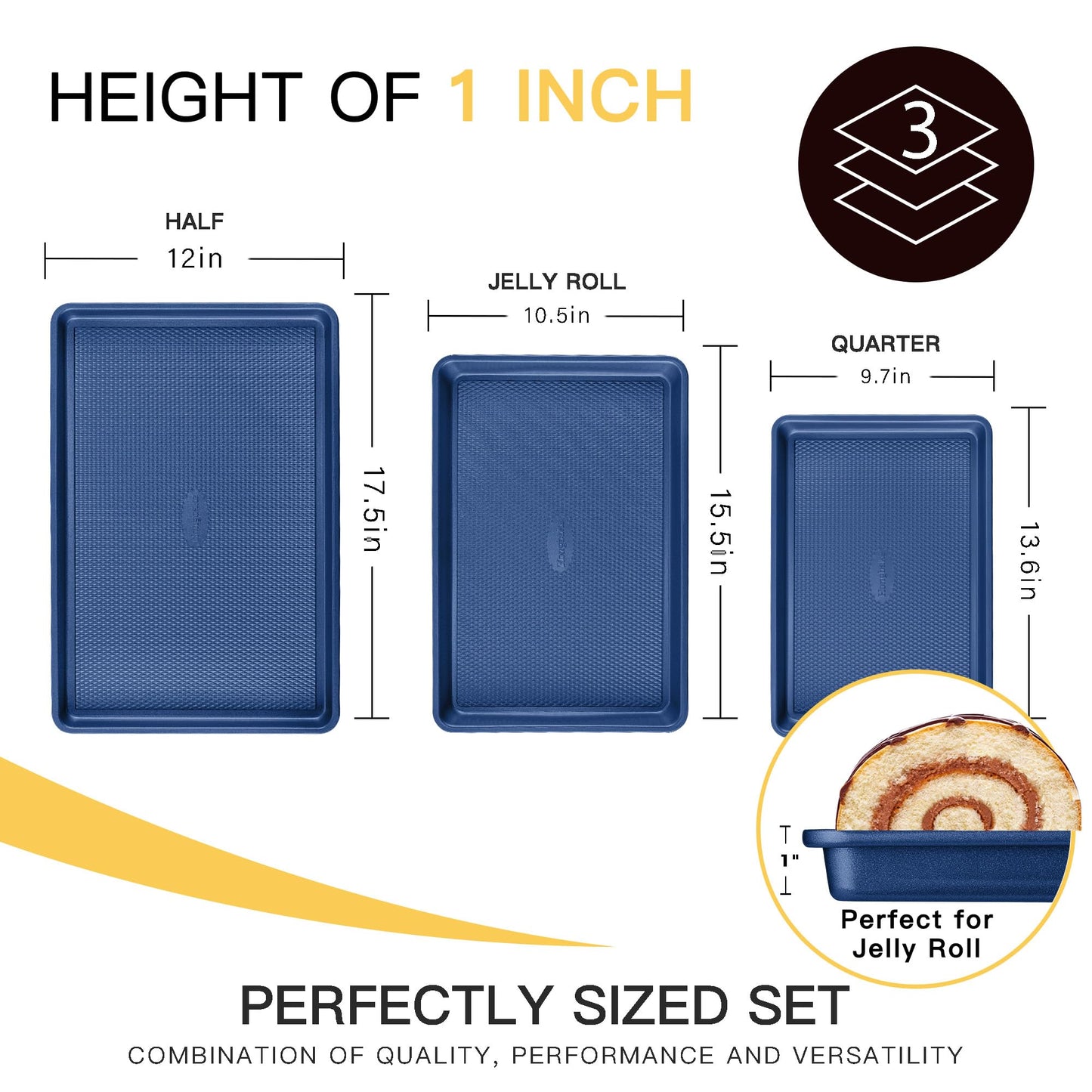 HONGBAKE Baking Sheet Pan Set of 3, Cookie Sheets for Oven, Nonstick Half/Quarter/Jelly Roll Pans with Diamond Texture Pattern, 0.8mm Thick Heavy Duty Cookie Tray, Champagne Gold