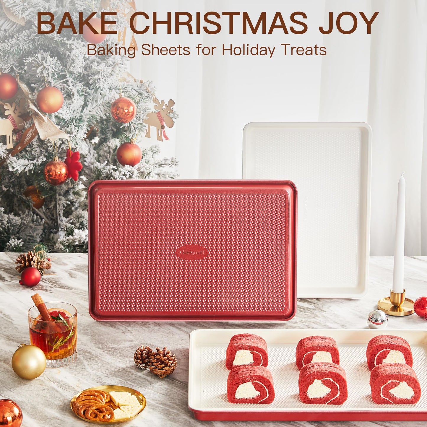 HONGBAKE Baking Sheet Pan Set of 3, Cookie Sheets for Oven, Nonstick Half/Quarter/Jelly Roll Pans with Diamond Texture Pattern, 0.8mm Thick Heavy Duty Cookie Tray, Champagne Gold