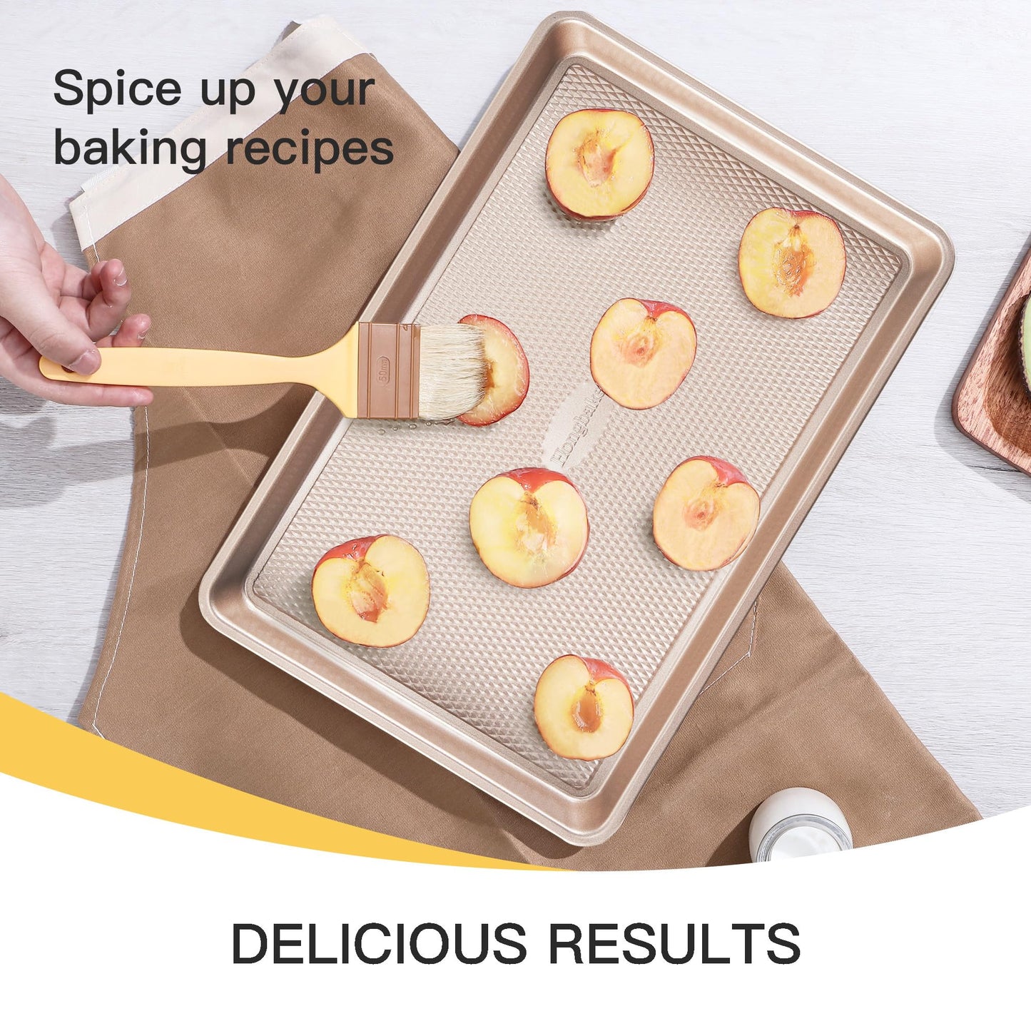 HONGBAKE Baking Sheet Pan Set of 3, Cookie Sheets for Oven, Nonstick Half/Quarter/Jelly Roll Pans with Diamond Texture Pattern, 0.8mm Thick Heavy Duty Cookie Tray, Champagne Gold
