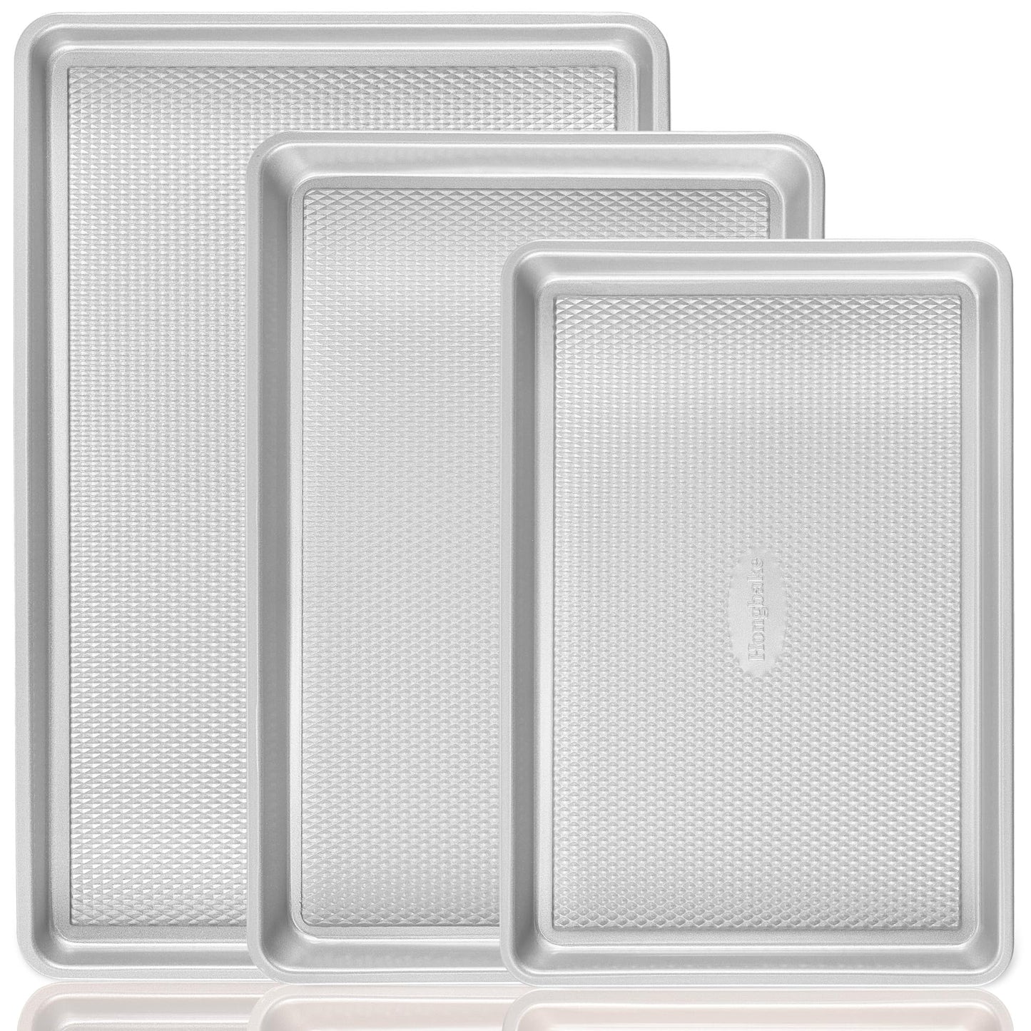 HONGBAKE Baking Sheet Pan Set of 3, Cookie Sheets for Oven, Nonstick Half/Quarter/Jelly Roll Pans with Diamond Texture Pattern, 0.8mm Thick Heavy Duty Cookie Tray, Champagne Gold