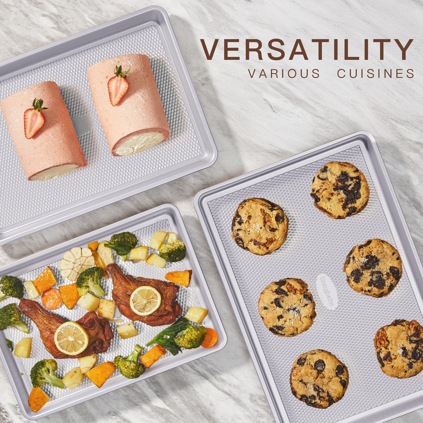HONGBAKE Baking Sheet Pan Set of 3, Cookie Sheets for Oven, Nonstick Half/Quarter/Jelly Roll Pans with Diamond Texture Pattern, 0.8mm Thick Heavy Duty Cookie Tray, Champagne Gold