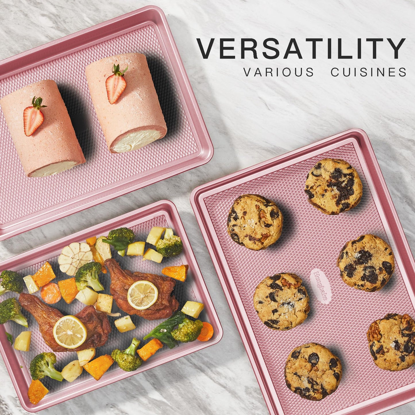 HONGBAKE Baking Sheet Pan Set of 3, Cookie Sheets for Oven, Nonstick Half/Quarter/Jelly Roll Pans with Diamond Texture Pattern, 0.8mm Thick Heavy Duty Cookie Tray, Champagne Gold
