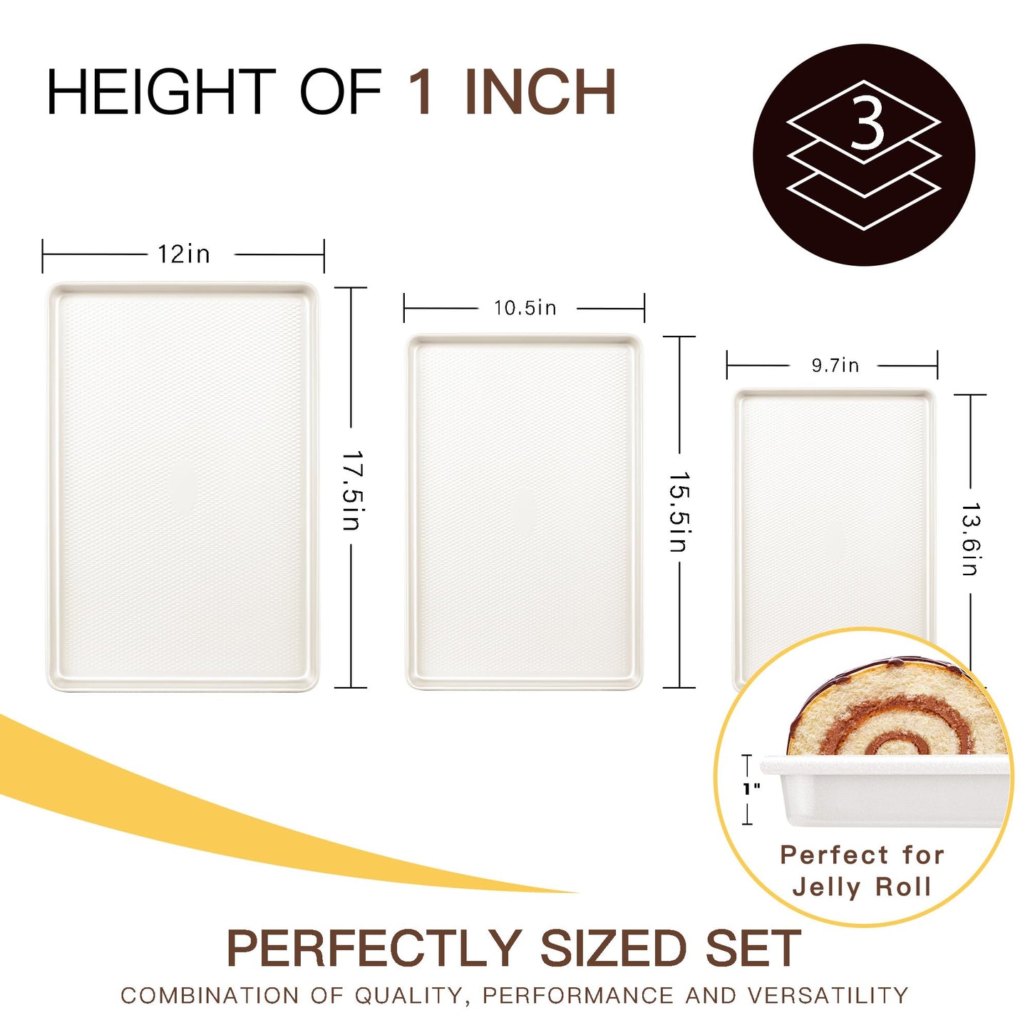 HONGBAKE Baking Sheet Pan Set of 3, Cookie Sheets for Oven, Nonstick Half/Quarter/Jelly Roll Pans with Diamond Texture Pattern, 0.8mm Thick Heavy Duty Cookie Tray, Champagne Gold