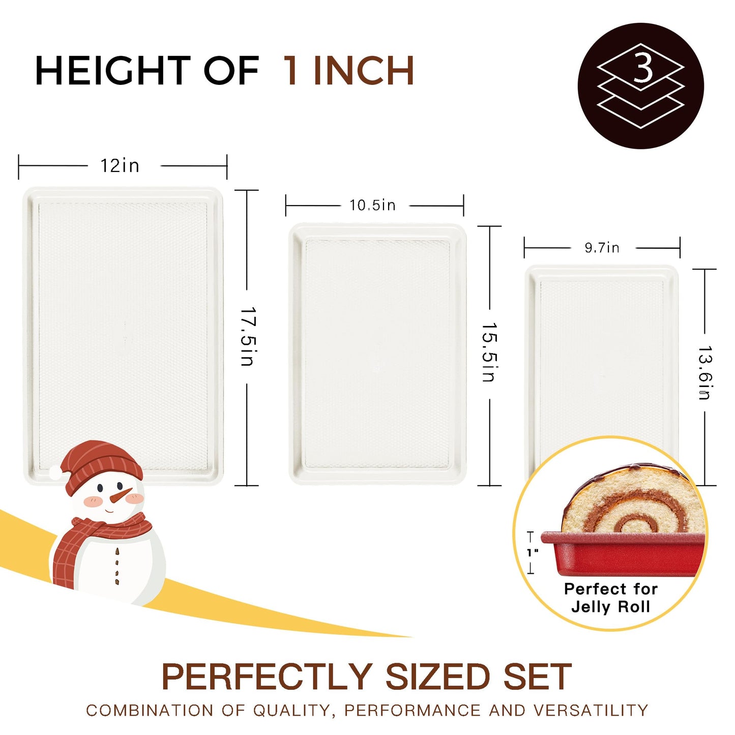 HONGBAKE Baking Sheet Pan Set of 3, Cookie Sheets for Oven, Nonstick Half/Quarter/Jelly Roll Pans with Diamond Texture Pattern, 0.8mm Thick Heavy Duty Cookie Tray, Champagne Gold