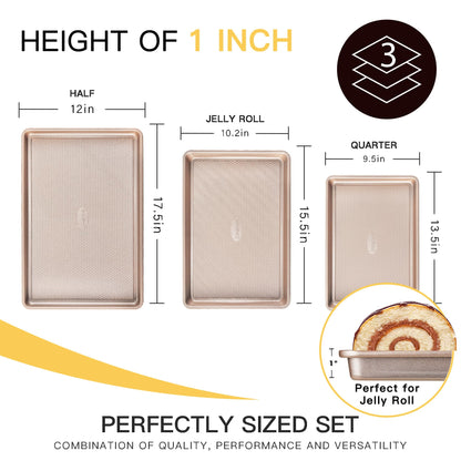 HONGBAKE Baking Sheet Pan Set of 3, Cookie Sheets for Oven, Nonstick Half/Quarter/Jelly Roll Pans with Diamond Texture Pattern, 0.8mm Thick Heavy Duty Cookie Tray, Champagne Gold