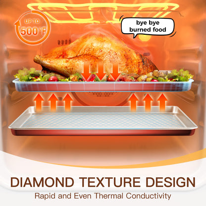 HONGBAKE Baking Sheet Pan Set of 3, Cookie Sheets for Oven, Nonstick Half/Quarter/Jelly Roll Pans with Diamond Texture Pattern, 0.8mm Thick Heavy Duty Cookie Tray, Champagne Gold