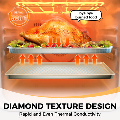 HONGBAKE Baking Sheet Pan Set of 3, Cookie Sheets for Oven, Nonstick Half/Quarter/Jelly Roll Pans with Diamond Texture Pattern, 0.8mm Thick Heavy Duty Cookie Tray, Champagne Gold