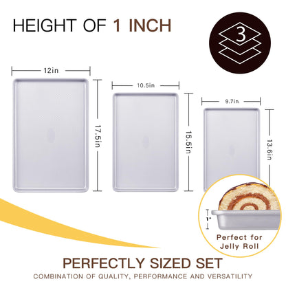 HONGBAKE Baking Sheet Pan Set of 3, Cookie Sheets for Oven, Nonstick Half/Quarter/Jelly Roll Pans with Diamond Texture Pattern, 0.8mm Thick Heavy Duty Cookie Tray, Champagne Gold