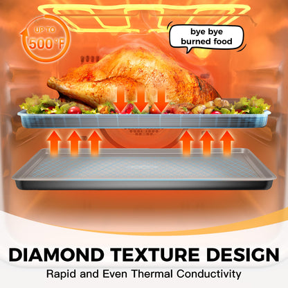 HONGBAKE Baking Sheet Pan Set of 3, Cookie Sheets for Oven, Nonstick Half/Quarter/Jelly Roll Pans with Diamond Texture Pattern, 0.8mm Thick Heavy Duty Cookie Tray, Champagne Gold