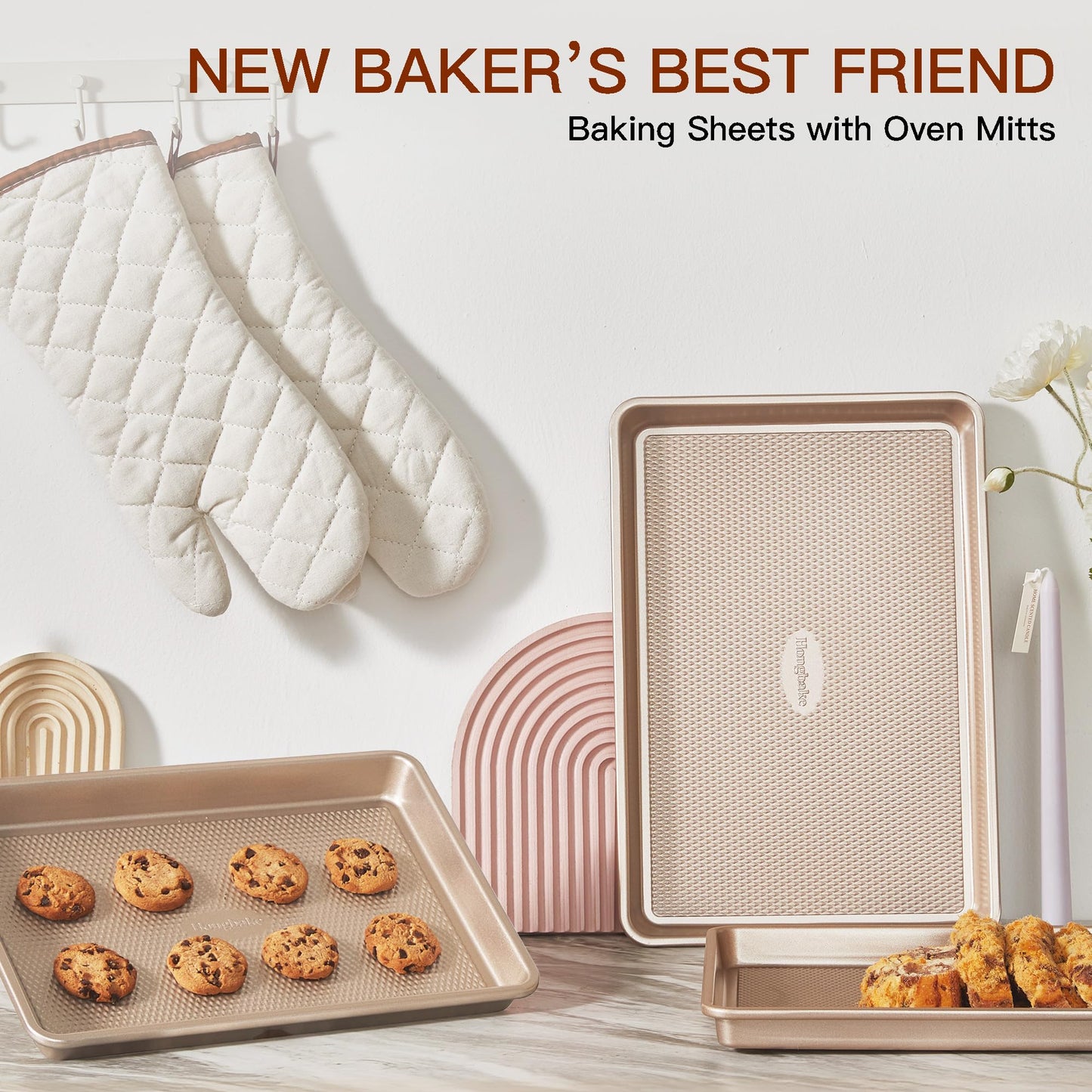 HONGBAKE Baking Sheet Pan Set of 3, Cookie Sheets for Oven, Nonstick Half/Quarter/Jelly Roll Pans with Diamond Texture Pattern, 0.8mm Thick Heavy Duty Cookie Tray, Champagne Gold