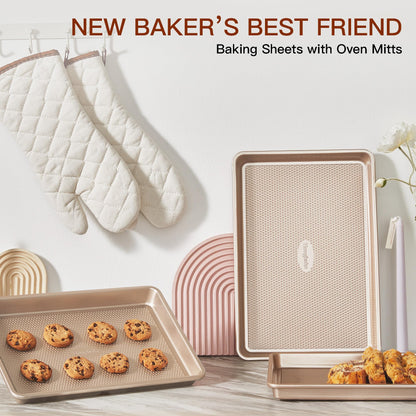 HONGBAKE Baking Sheet Pan Set of 3, Cookie Sheets for Oven, Nonstick Half/Quarter/Jelly Roll Pans with Diamond Texture Pattern, 0.8mm Thick Heavy Duty Cookie Tray, Champagne Gold