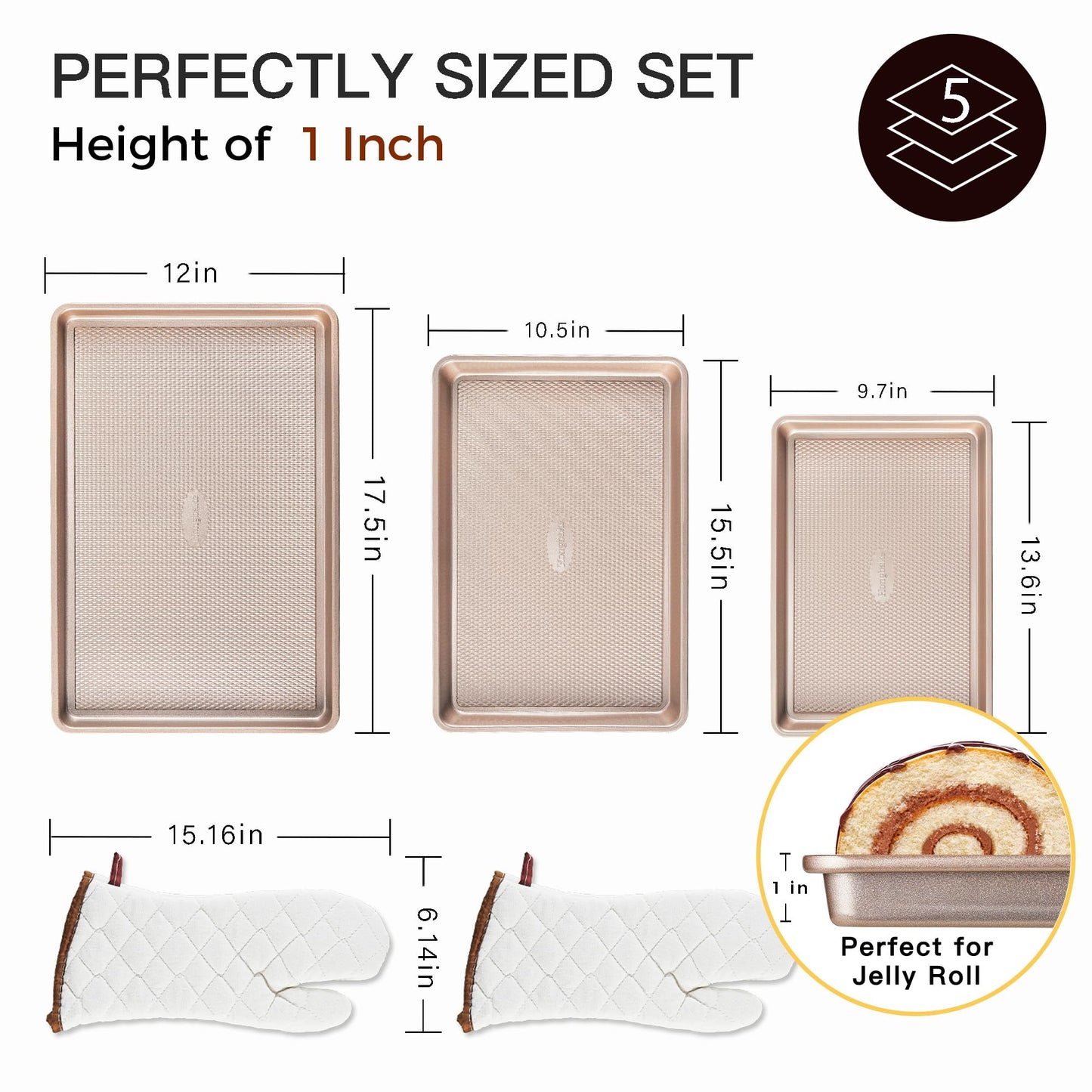 HONGBAKE Baking Sheet Pan Set of 3, Cookie Sheets for Oven, Nonstick Half/Quarter/Jelly Roll Pans with Diamond Texture Pattern, 0.8mm Thick Heavy Duty Cookie Tray, Champagne Gold