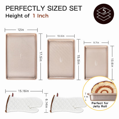 HONGBAKE Baking Sheet Pan Set of 3, Cookie Sheets for Oven, Nonstick Half/Quarter/Jelly Roll Pans with Diamond Texture Pattern, 0.8mm Thick Heavy Duty Cookie Tray, Champagne Gold