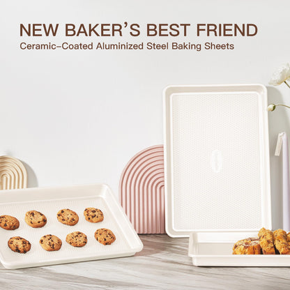 HONGBAKE Baking Sheet Pan Set of 3, Cookie Sheets for Oven, Nonstick Half/Quarter/Jelly Roll Pans with Diamond Texture Pattern, 0.8mm Thick Heavy Duty Cookie Tray, Champagne Gold