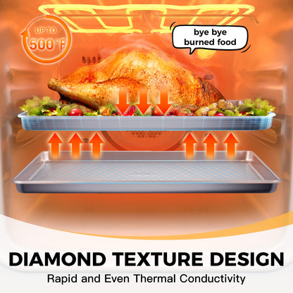 HONGBAKE Baking Sheet Pan Set of 3, Cookie Sheets for Oven, Nonstick Half/Quarter/Jelly Roll Pans with Diamond Texture Pattern, 0.8mm Thick Heavy Duty Cookie Tray, Champagne Gold