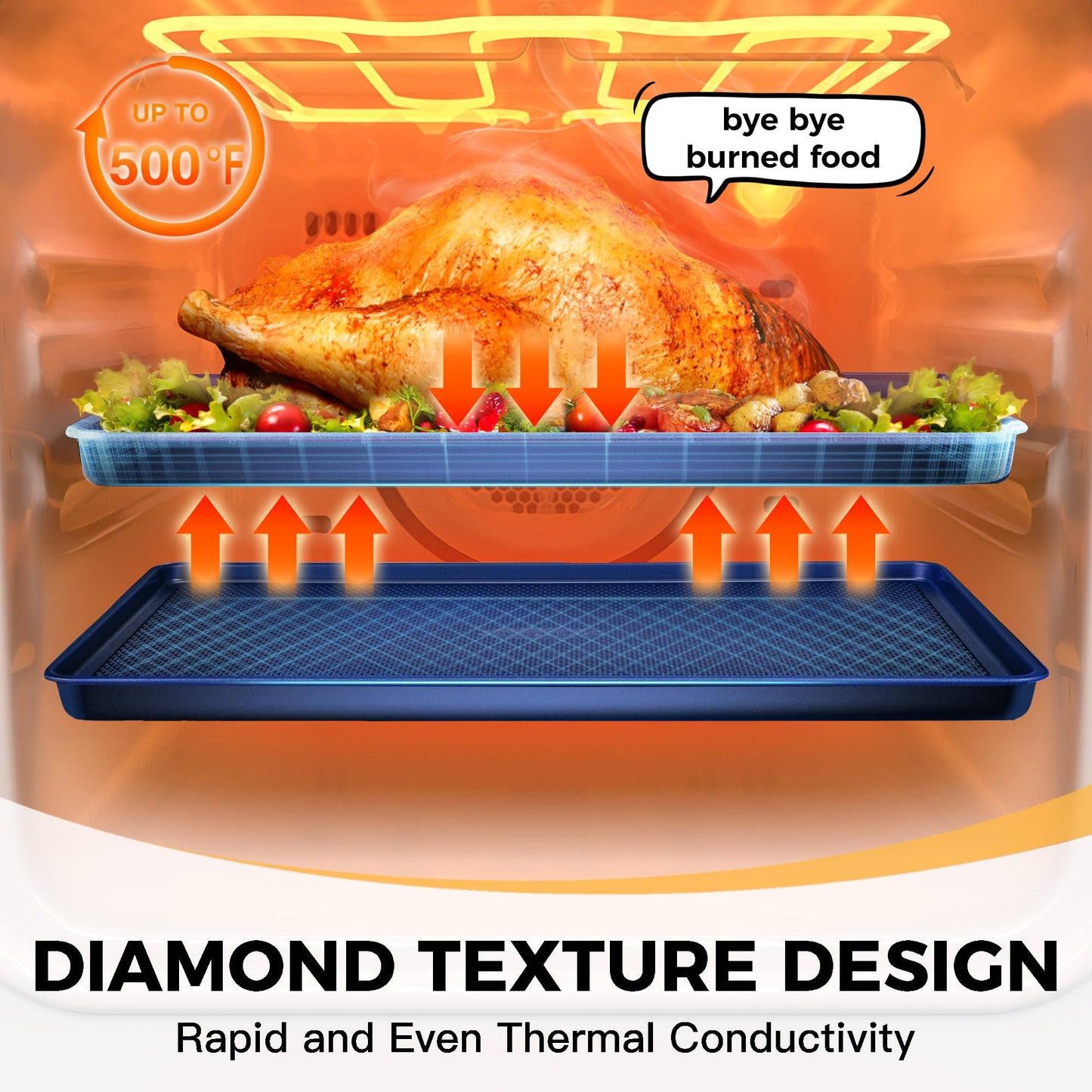 HONGBAKE Baking Sheet Pan Set of 3, Cookie Sheets for Oven, Nonstick Half/Quarter/Jelly Roll Pans with Diamond Texture Pattern, 0.8mm Thick Heavy Duty Cookie Tray, Champagne Gold