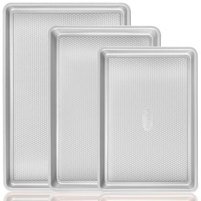 HONGBAKE Baking Sheet Pan Set of 3, Cookie Sheets for Oven, Nonstick Half/Quarter/Jelly Roll Pans with Diamond Texture Pattern, 0.8mm Thick Heavy Duty Cookie Tray, Champagne Gold