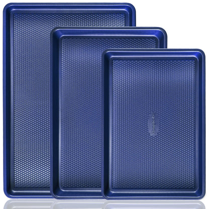 HONGBAKE Baking Sheet Pan Set of 3, Cookie Sheets for Oven, Nonstick Half/Quarter/Jelly Roll Pans with Diamond Texture Pattern, 0.8mm Thick Heavy Duty Cookie Tray, Champagne Gold