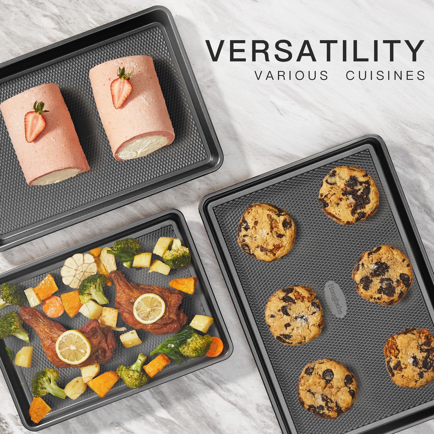 HONGBAKE Baking Sheet Pan Set of 3, Cookie Sheets for Oven, Nonstick Half/Quarter/Jelly Roll Pans with Diamond Texture Pattern, 0.8mm Thick Heavy Duty Cookie Tray, Champagne Gold