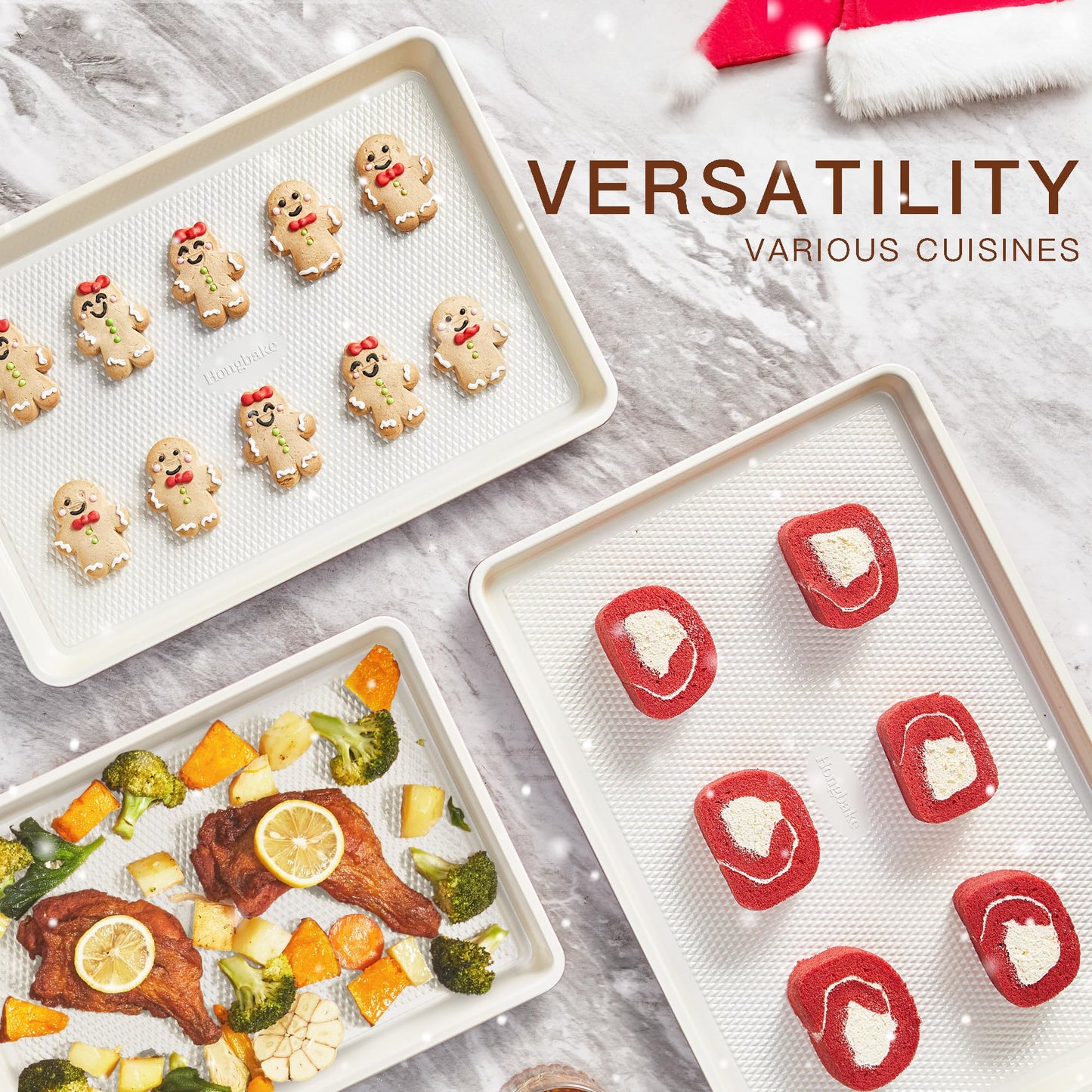 HONGBAKE Baking Sheet Pan Set of 3, Cookie Sheets for Oven, Nonstick Half/Quarter/Jelly Roll Pans with Diamond Texture Pattern, 0.8mm Thick Heavy Duty Cookie Tray, Champagne Gold