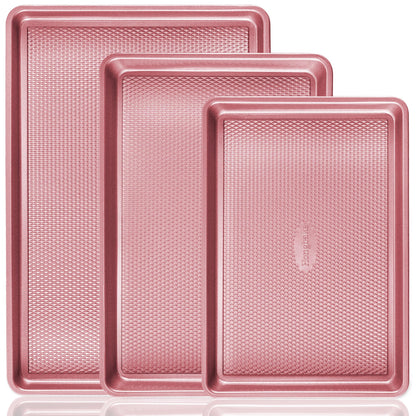 HONGBAKE Baking Sheet Pan Set of 3, Cookie Sheets for Oven, Nonstick Half/Quarter/Jelly Roll Pans with Diamond Texture Pattern, 0.8mm Thick Heavy Duty Cookie Tray, Champagne Gold