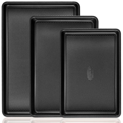 HONGBAKE Baking Sheet Pan Set of 3, Cookie Sheets for Oven, Nonstick Half/Quarter/Jelly Roll Pans with Diamond Texture Pattern, 0.8mm Thick Heavy Duty Cookie Tray, Champagne Gold