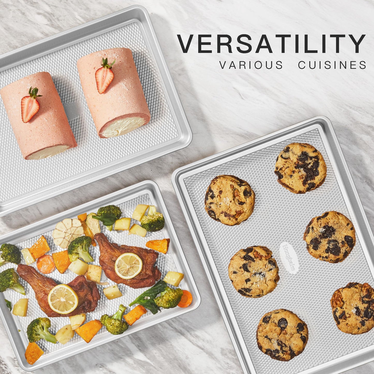 HONGBAKE Baking Sheet Pan Set of 3, Cookie Sheets for Oven, Nonstick Half/Quarter/Jelly Roll Pans with Diamond Texture Pattern, 0.8mm Thick Heavy Duty Cookie Tray, Champagne Gold